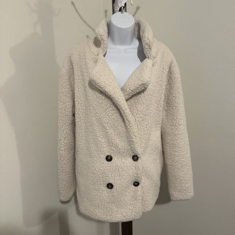 C+D+M Collection Women’s Sherpa Teddy Coat Size L Double-Breasted Beige Jacket